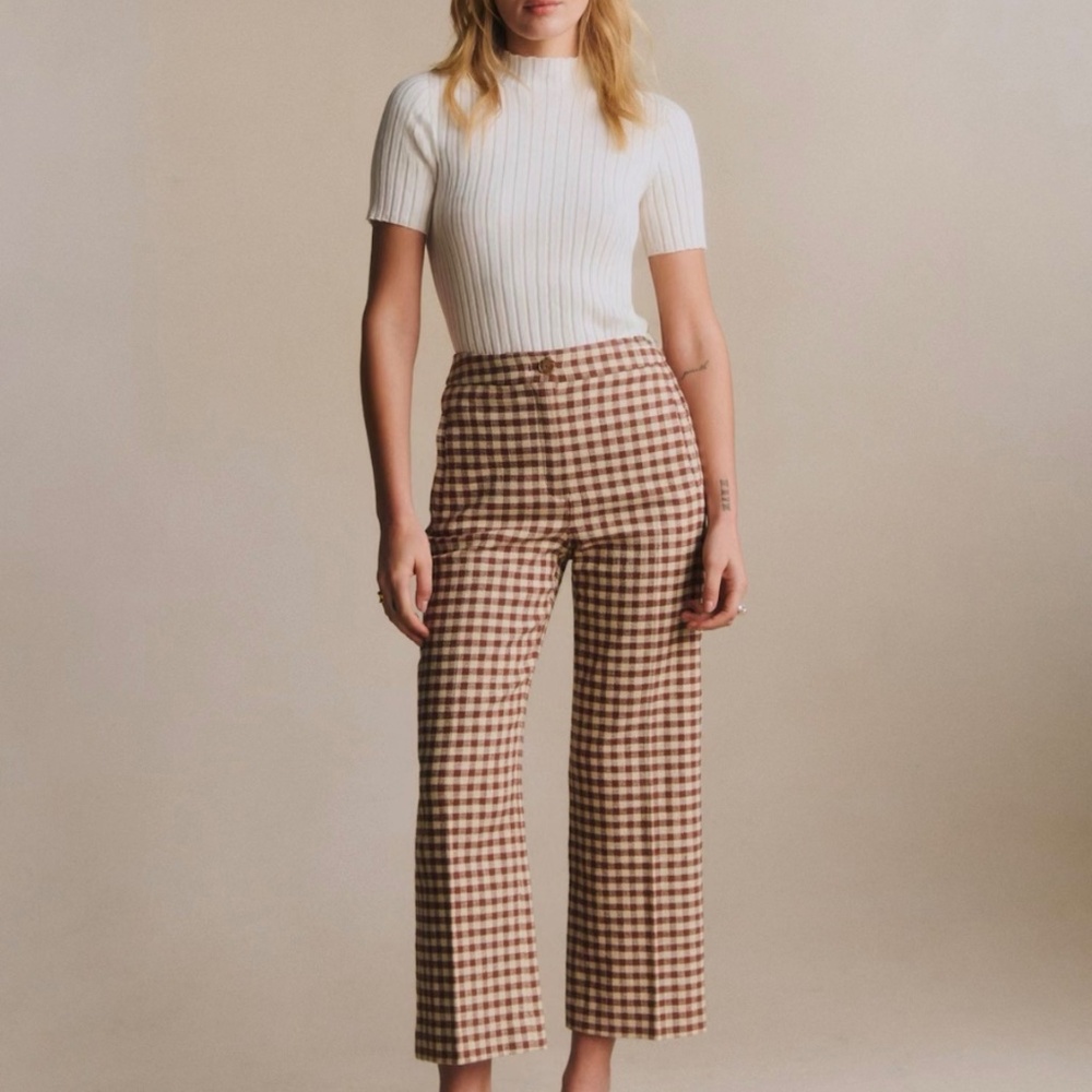 Sezane Martin Crop Trousers Brown Gingham/ Ecru - Size 4